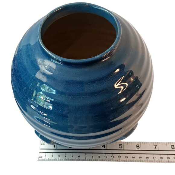 1930s Deep Blue Style Ribbed Geometric Design Art Deco Vase - Picture 11 of 14